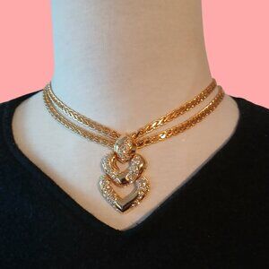 Vintage Camrose Kross JBK Gold tone clear crystal stylized double heart necklace